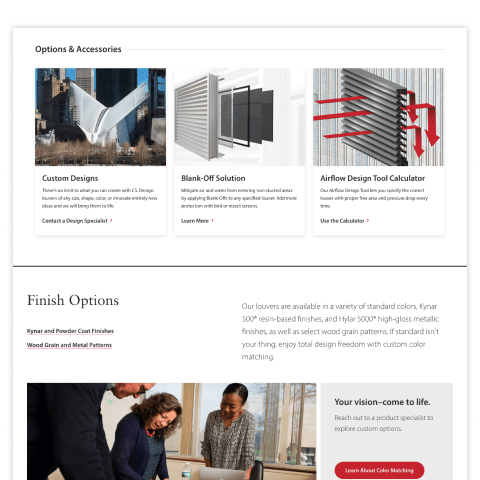 Sample product category page showing options and accessories and finishes sections