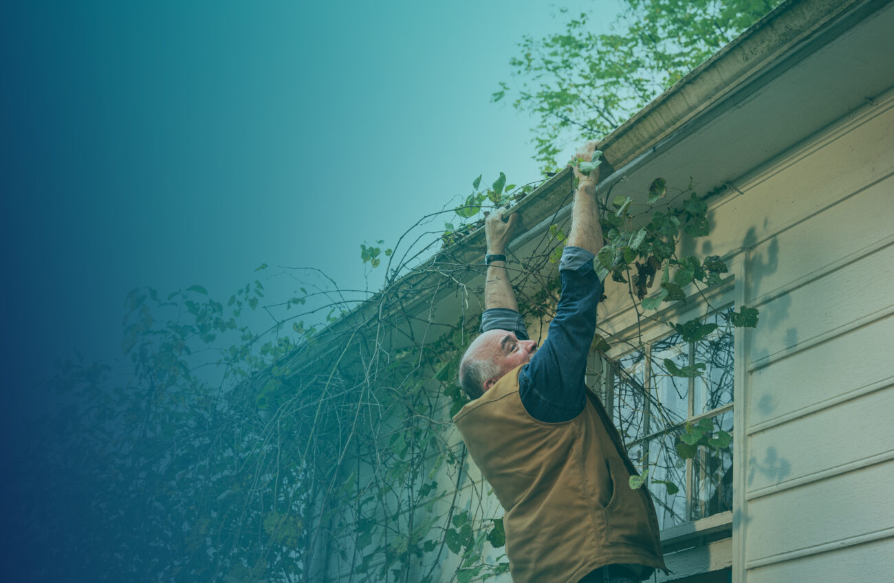 Image of man hanging by his hands from a gutter