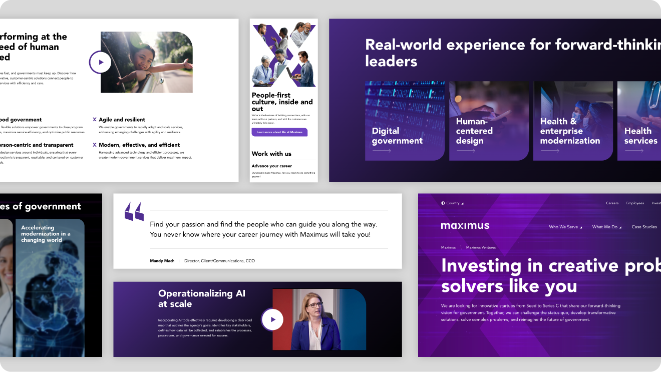 A collage of various components from the Maximus website.