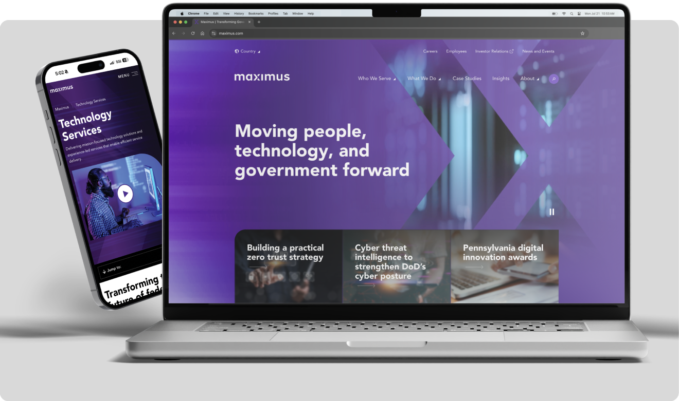 Mockup of the Maximus website on a laptop and mobile device.