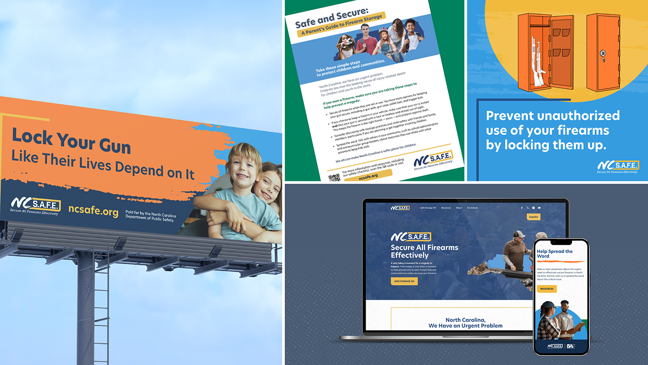 A four image grid showing NC SAFE campaign creative including a billboard, a one-pager, a social graphic, and the website.