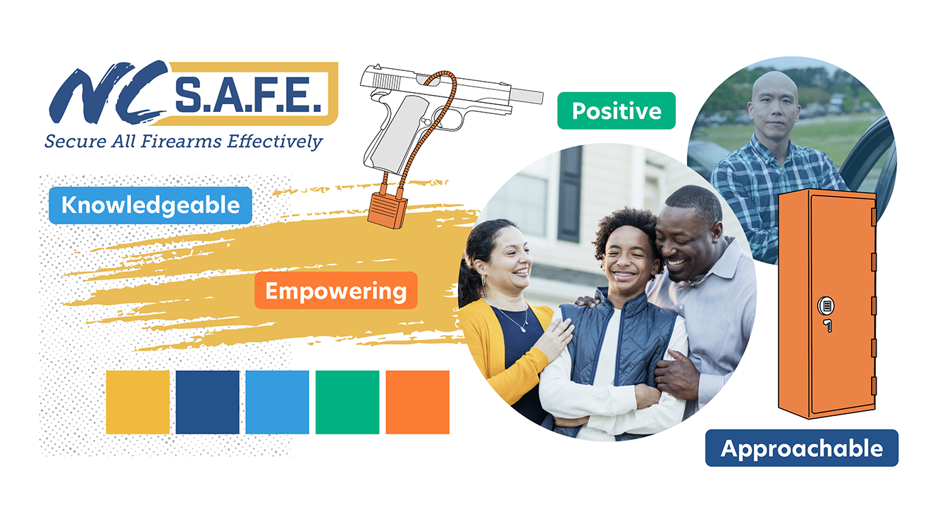 A collage of design elements for the NC SAFE brand including colors, textures, photos, illustrations, a logo, and brand words.