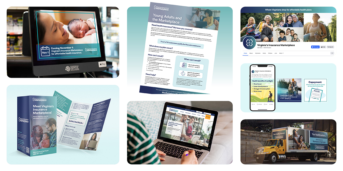 A collage of different campaign creative including out-of-home ads, a brochure, a one-pager, the website, and social media content.