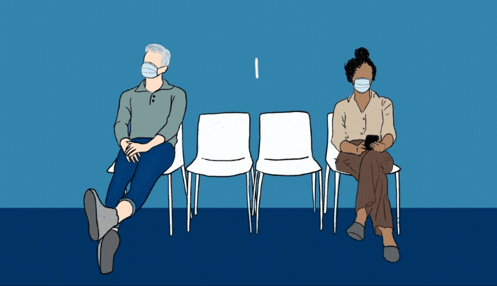 Animated illustration of a two people wearing masks, sitting two empty chairs apart.