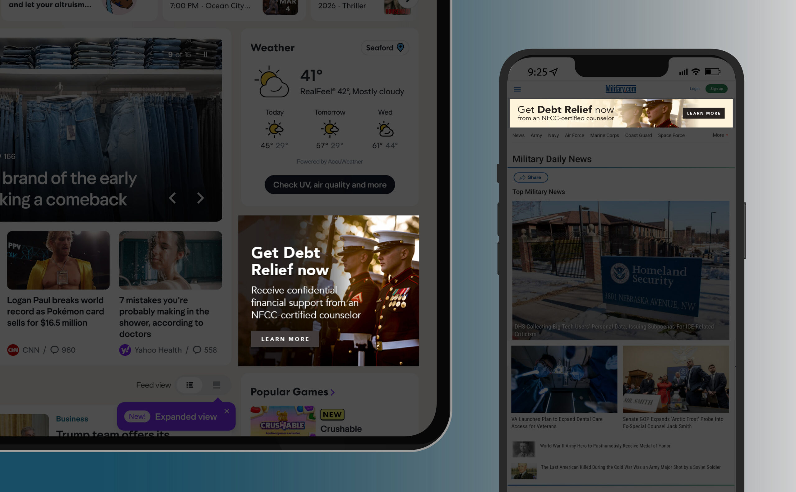 Desktop and mobile screens displaying social media ads for National Foundation for Credit Counseling debt relief advertisement targeting military audience.