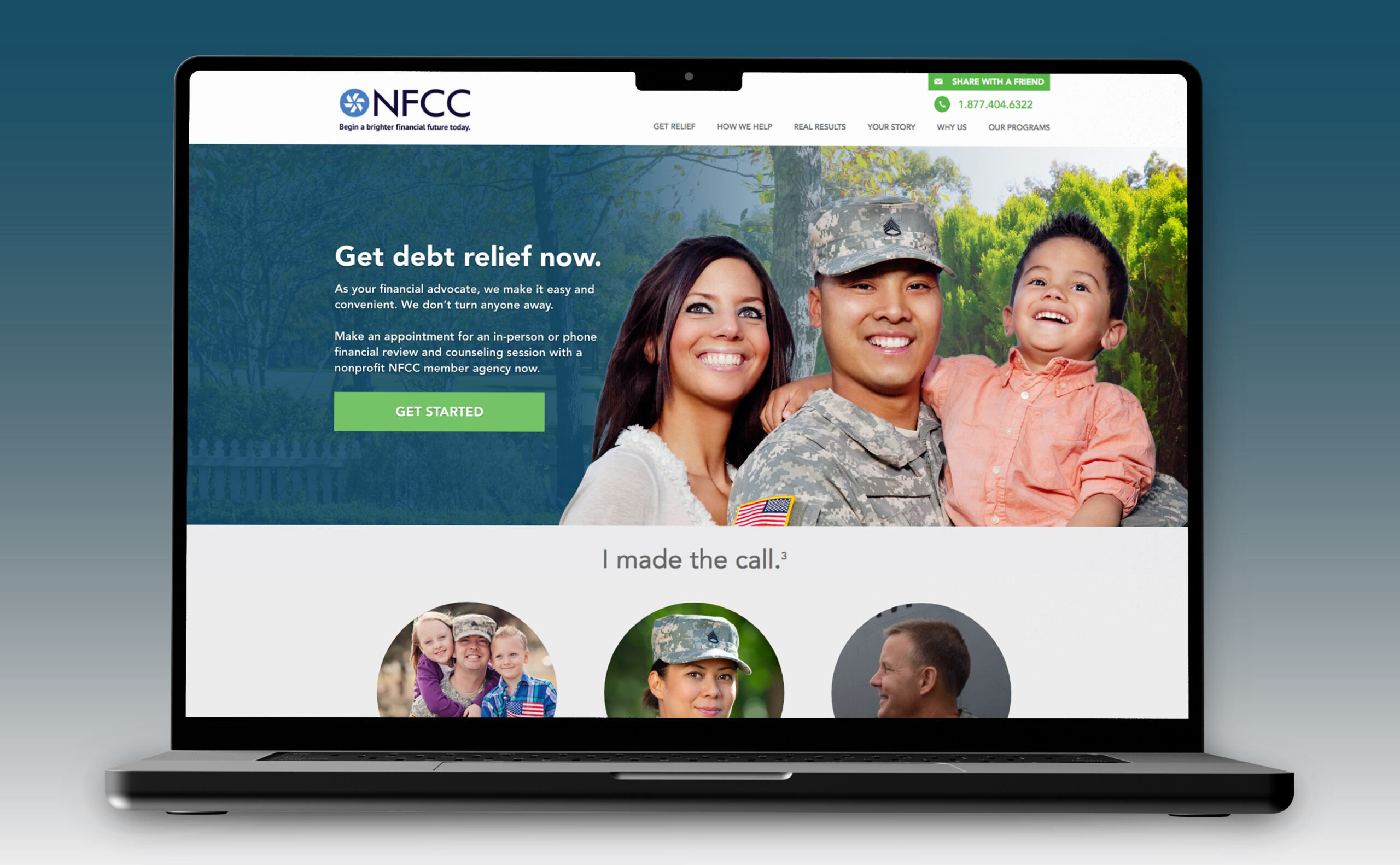 Laptop showing NFCC website homepage featuring happy military family and 'Get debt relief now' call-to-action button