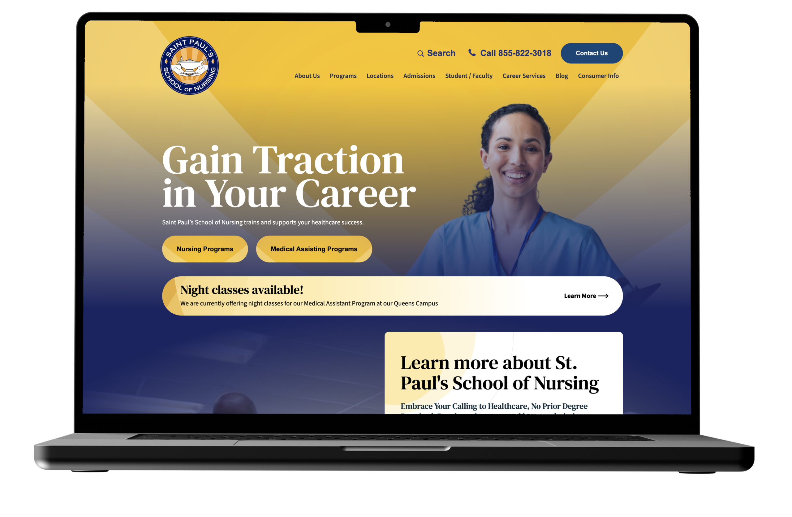 MacBook mockup displaying the Saint Paul's School of Nursing homepage.
